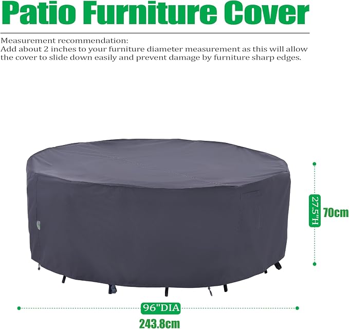 F&J Outdoors Outdoor Patio Furniture Covers, Waterproof UV Resistant Anti-Fading Cover for Large Round Table Chairs Set, Grey, 96" Dia x 27.5" H - Image 2