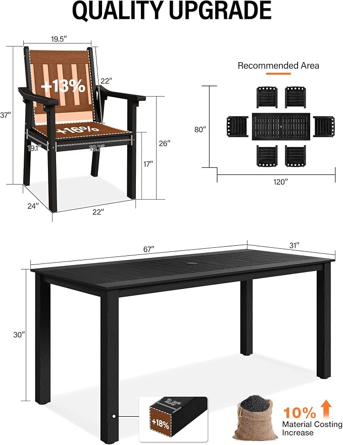YEFU HIPS Patio Table Set: 10 Piece Outdoor Table and Chairs Dining Furniture Set with Umbrella Hole - Black Modern Plastic Dining Sets 8 Person for Outside Deck with Metal Aluminum Frame - Image 7