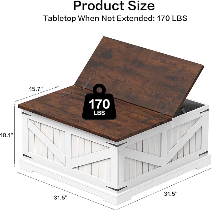 Farmhouse Coffee Table with Storage, 32" Square Wood Center Table with Dual Flip-Top Lids, Hidden Storage Compartment and Arc Base for Living Room