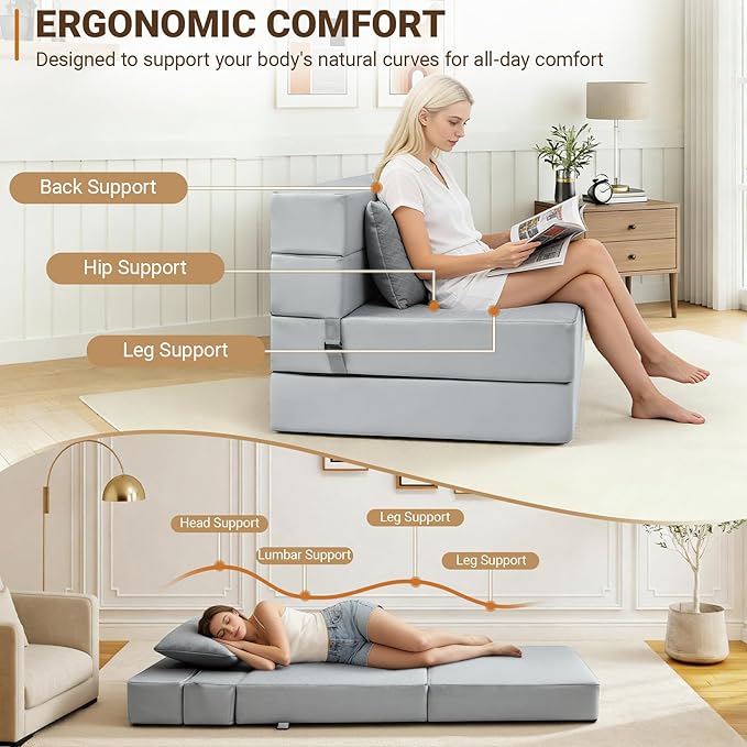 BeBen Folding Sofa Bed, Boneless Foldable Chair Bed, Convertible Futon Sleeper Chair Couch, Twin Lazy Floor Lounger Sofa Couch for Small Spaces, Dorm, Guest Room, Living Room, Apartment, Grey