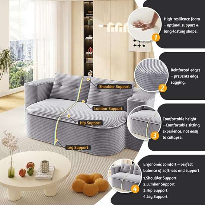 78.7" Convertible Sofa Bed, 2-in-1 Folding Floor Couch with 2 Pillows and Blanket, Plush Corduroy Fabric Sleeper Sofa for Living Room and Bedroom, No Assembly Required (Light Grey)