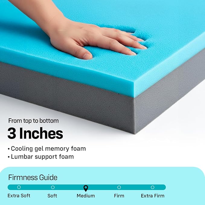 3 Inch Twin XL Mattress Topper by Expand a Bed - Lumbar Support for Back Comfort & Better Sleep - Expands 8 Inches in Width, Breathable, Medium-Firm Cooling Gel Memory Foam Topper with Washable Cover