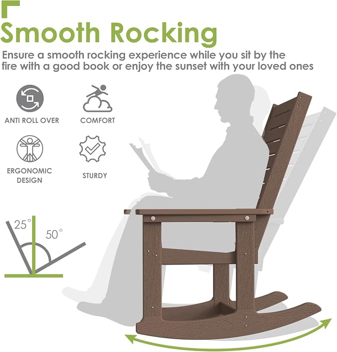 GREENVINES Outdoor Rocking Chairs | Porch Rocker | HDPE Plastic | Wood Grain | Oversized Rockers | High Back | Big & Tall | Ladder Back | Dark Brown | for Patio Outside - Image 5