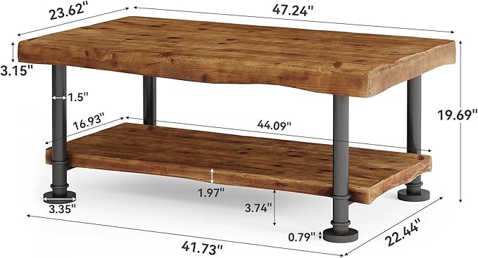 47" Coffee Table, Farmhouse Solid Wood Accent Center Table with 2-Tier Live Edge Shelf & Metal Legs, Rectangular Low Cocktail Tea Furniture for Living Room, Lounge, Brown and Black