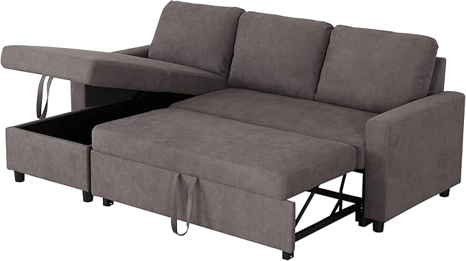 83" L-Shape Pull Out Sleeper Sofa Bed with Storage Chaise, 2 Pieces Sectional Couch Bed with Back Cushion for Living Room,Apartment,Office - Dark Brown
