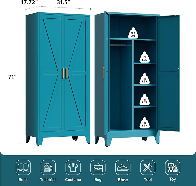 LCAOPC 71" Tall Metal Wardrobe Closet with Adjustable Shelves and Hanging Rod, 2 Doors Office Storage Locker Cabinet for Home, Office, Bedroom, Laundry Room, Blue