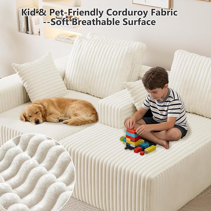 96" Cloud Sectional Couches for Living Room, Modular Sectional Sofa with Chaise, Upholstered Boneless Couches, Comfy Flannel Fluffy Couch with Pillows and Side Pockets No Assembly(Beige