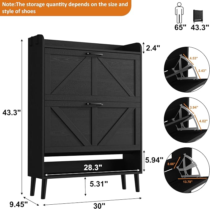 HOMEFORT Shoe Storage Cabinet for Entryway, 30" Freestanding Organizer with Two Flip Drawers, Narrow Hidden Shoe Rack with Wood Legs, Farmhouse Shoe Cabinet for Front Door Entrance,Black - Image 2