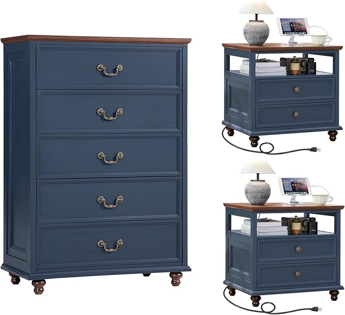 Joaxswe 24" Wide Farmhouse Nightstand with Charging Station Set of 2, 45" Tall Rustic Chests of 5 Drawers w/ 4 Solid Wood Feet, Farmhouse Furniture Series for Living Room,Bedroom,DarkBlue
