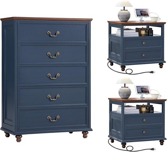Joaxswe 24" Wide Farmhouse Nightstand with Charging Station Set of 2, 45" Tall Rustic Chests of 5 Drawers w/ 4 Solid Wood Feet, Farmhouse Furniture Series for Living Room,Bedroom,DarkBlue
