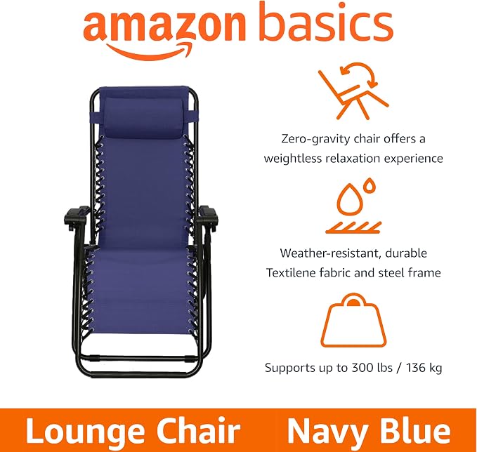 Amazon Basics Outdoor Portable Zero Gravity Reclining Lounge Chair with Headrest Pillow, Textilene, Lightweight, 26", Blue - Image 4