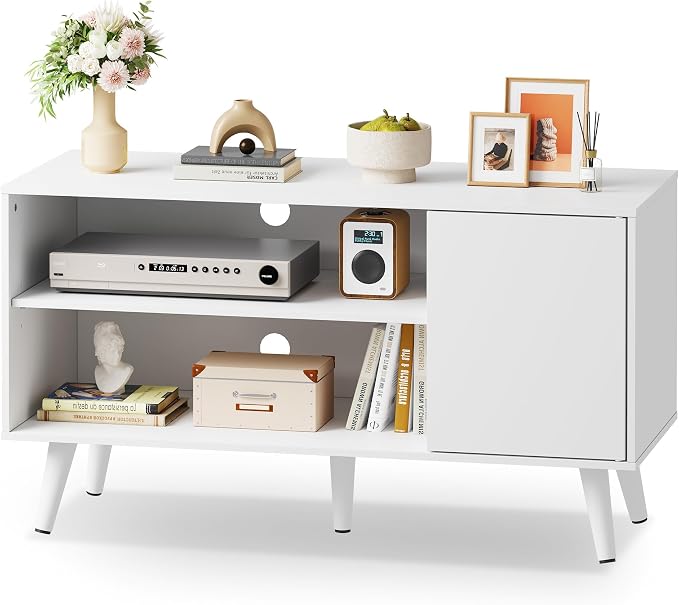 WLIVE TV Stand for 43 Inch TV, Small Entertainment Center with Storage Cabinet & Adjustable Shelves, Mid-Century Modern TV Stands for Living Room and Bedroom, TV Console Suit 32 Inch TV, White by WLIVE