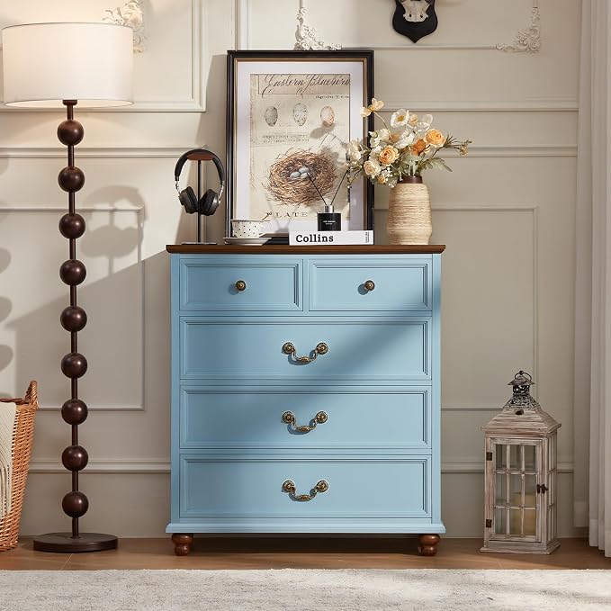 Joaxswe Farmhouse 5 Drawer Dresser Set of 2 for Bedroom, 35" Tall Rustic Chests of Drawers w/ 4 Solid Wood Feet, Mid Century Vintage Wooden Closet Storage Dressers Organizer for Living Room,Light Blue - Image 8