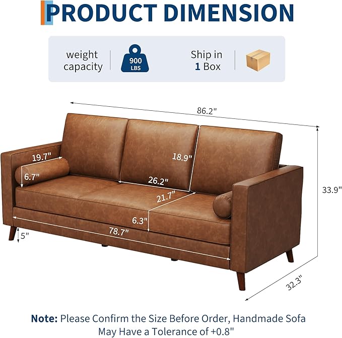 IDEALHOUSE 81" Faux Leather Sofa, Mid Century Modern Deep Seat Couch, Upholstered Cushion&Removable Cover, Brown PU Couch, 3 Seat Sofa for Living Room, Office, Brown