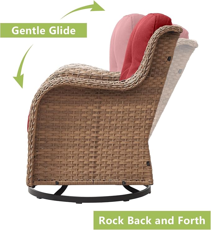 Rilyson Patio Chairs Rocking Swivel Chiar - 3 Piece Outdoor Wicker Patio Bistro Set Rattan Rocker Glider Chairs with High Back and Deep Seating for Outside Porch Deck Garden(Yellow/Red)