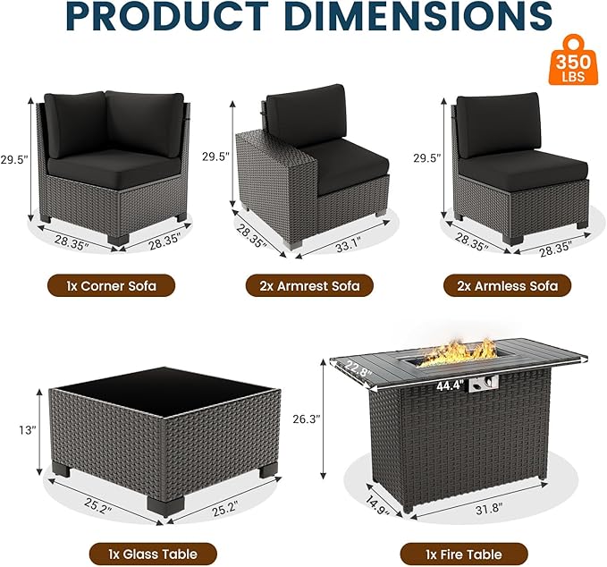 7 Piece Patio Furniture Set with Fire Pit Table, Outdoor Sectional Conversation Sets Black Wicker Rattan Sofa with Coffee Table for Patio Garden Backyard, 4'' Thickened Cushion Black