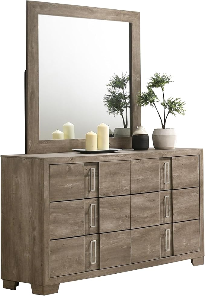 Kings Brand Furniture Dawson Modern 6-Piece Queen Size Farmhouse Style Bedroom Set in Light Brown Finish - Bed with LED Lights, Dresser, Mirror, Chest & 2 Nightstands