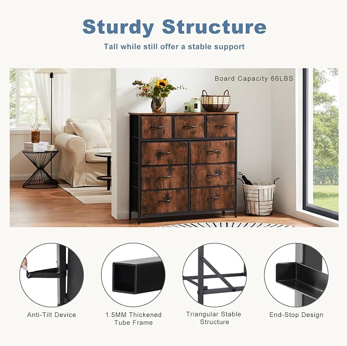 DUMOS Dresser for Bedroom, Storage Organizer with 9 Drawers, Chest of Drawers with Fabric Bins, Sturdy Metal Frame, Wood Tabletop for Guest Room, Closet, Entryway, Brown - Image 7