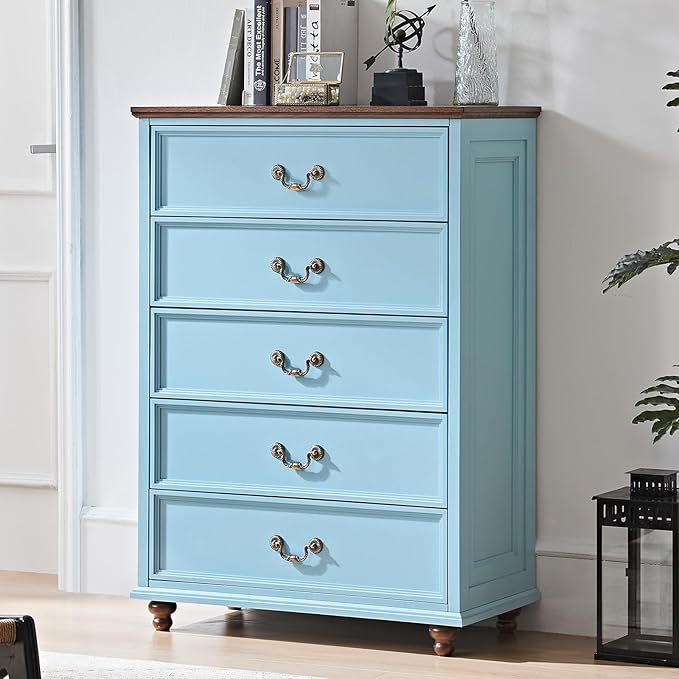 Joaxswe 24" Wide Farmhouse Nightstand Set of 2, 54" 7 Drawers Dresser, 45" Tall Rustic Chests of 5 Drawers w/ 4 Solid Wood Feet, Farmhouse Furniture Series for Living Room,Bedroom,LightBlue