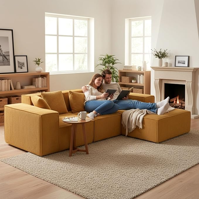 Compressed Sofa L Sectional, 112" Modular Cloud Couch with Ottoman, 23.2" Deep Seat Corduroy High-Back L-Shaped Sectional for Living Room/Bedroom, No Assembly, Ginger Yellow