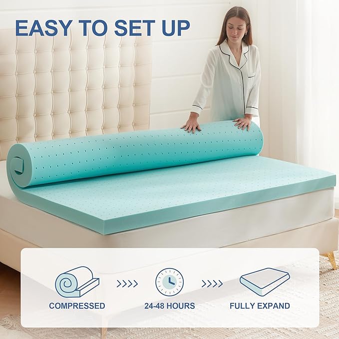 Eiayeebil 2 Inch Memory Foam Mattress Topper Full, Mattress Pad Gel Infused Foam Bed Topper, Ventilated Soft Blue,Full Size