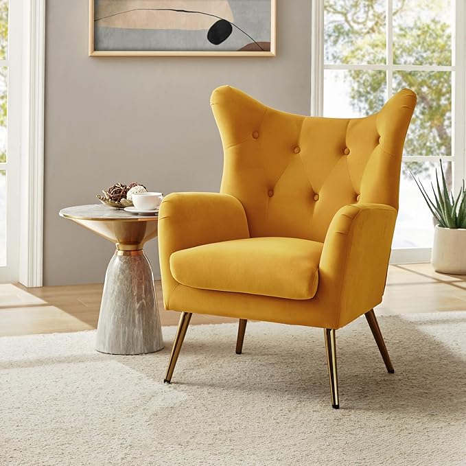 HULALA HOME Velvet Accent Chair Set of 2, Modern Wingback Arm Chair with Metal Gold Legs, Velvet Tufted Upholstered(Mustard)
