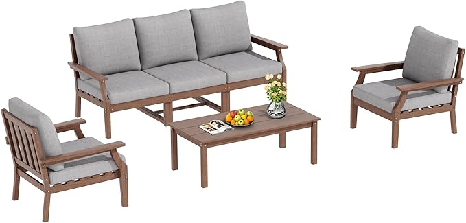HDPE Patio Conversation Set, 6-Piece All Weather Outdoor Furniture Set with 2 Single Armchairs for Deck, Lawn, with Cushion, Brown