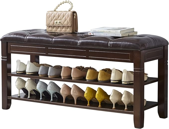 LEILISI Shoe Bench, Storage Rack Organizer with Cushion 2 Tier Lift Top Shoe Rack for Entryway Living Room Bedroom Hallway Wooden Furniture (Brown, 39.4'') by LEILISI