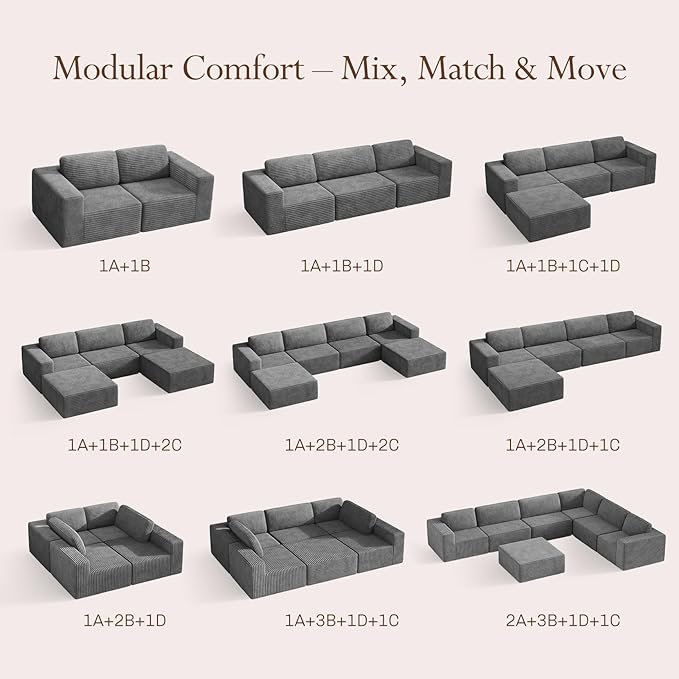 Vesgantti 119" L-Shaped Modular Sectional Sofa, Corduroy Cloud Couch with Deep Seating & Spring Support, Flexible Layout Sofa with Ottoman, Boneless Style, No Assembly Required, Grey
