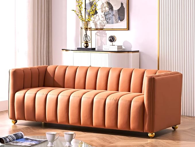 Direct Glam Fabric Upholstered Solid Wood Frame 82.7" Art Deco Sofa for Living Room, Office, Sophisticated 3 Seater Couch, Orange