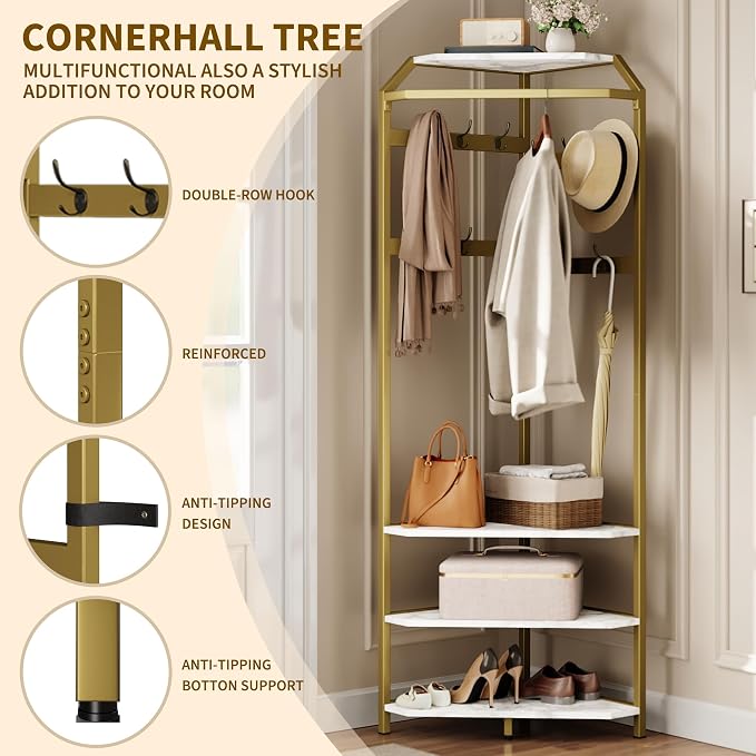 IDEALHOUSE Corner Coat Rack With Shoe Bench and 6 Double Hooks, Corner Hall Tree - Clothes Rack With Storage Hall Tree With Organizer Shelf for Entryway, Hallway, Closet (02-Gold) - Image 6
