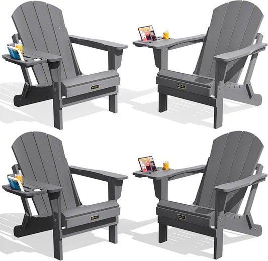 SERWALL Folding Adirondack Chair Set of 4, Outdoor Adirondack Chairs with 4 in 1 Cup Holder, Wood Texture Patio Chairs, Weather Resistant Fire Pit Chairs for Patio Deck Garden, Backyard Deck - Gray by SERWALL