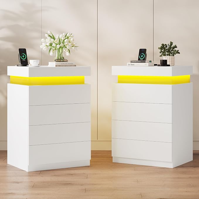 ADORNEVE White Night Stand with Drawers and LED Lights,Tall Nightstand with Sliding Top,Bedside Table with Charging Station,Modern End Side Table for Bedroom, 15.7" D x 17.7" W x 31.1" H - Image 8
