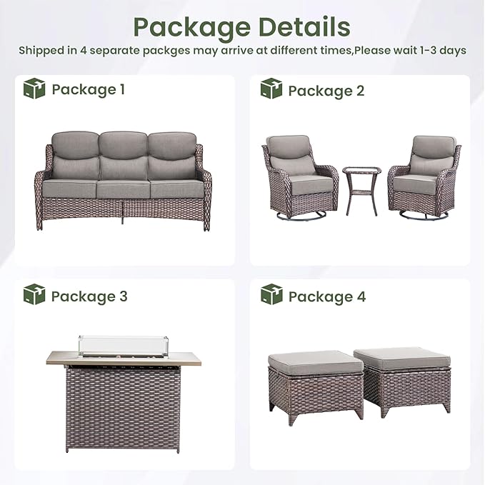 Luxury Patio Furniture Set with 6-inch Thick Cushion, Outdoor Furniture with Fire Pit Table, Swivel Chairs, Sofa, Side Table, Ottomans, 7pcs Wicker Conversation Set for Deck Yard and Poolside(Grey)