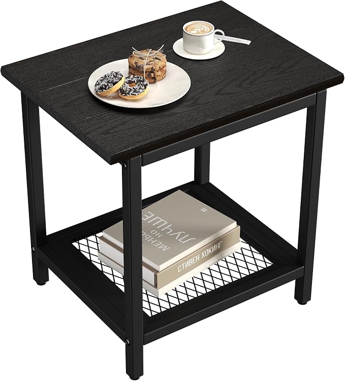 2-Tier Outdoor Side Table with Storage, Weather Resistant Patio End Table, HDPS Small Accent Table for Deck, Garden, Pool, Backyard, Black by PyraLineHome