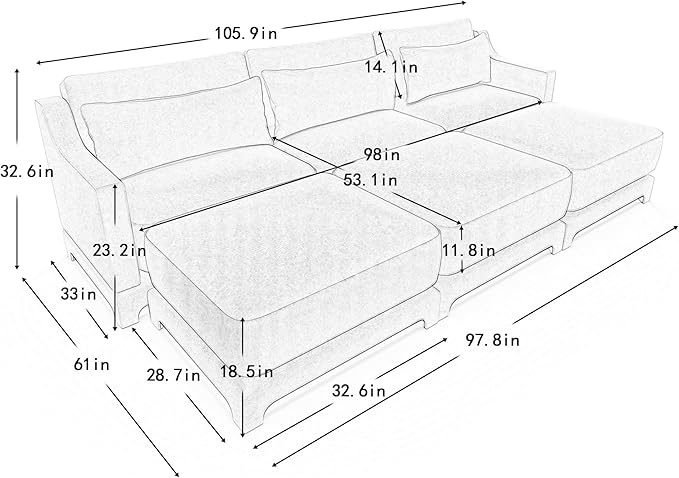 Ball & Cast 105.9” Modular Sectional Sofa, Comfy Cloud Couch with Lumbar Pillows and 3 Ottoman, Deep Seat Chenille Modular Sofa, Sectional Couches for Living Room, Bedroom and Apartment, Beige