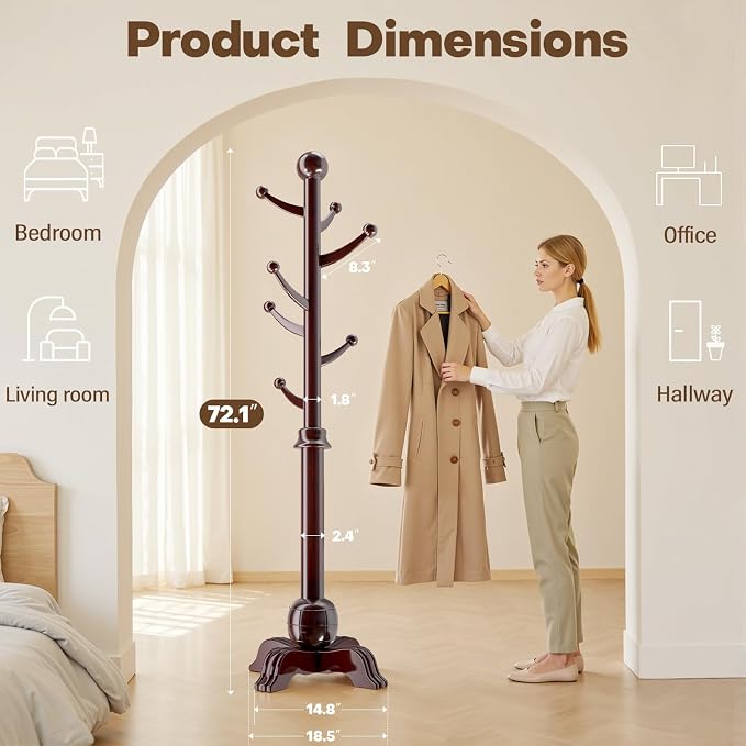 Hall Tree, Freestanding Wood Tree Rack with 7 Hooks, Coat Rack with Stable Sphere Base, Wooden Coat Rack Stand, Load 210 lb, Coat Hanger Stand for Entryway, Hallway, Bedroom (Black-Red) - Image 2