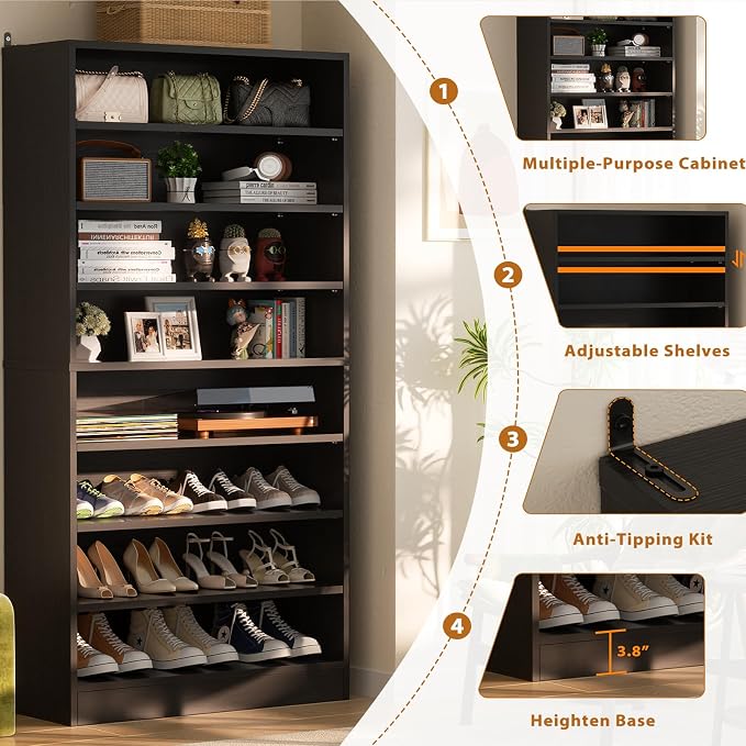 Homieasy Tall Shoe Cabinet, 9-Tier Wood Shoe Rack Organizer Cabinet for Closet, Freestanding Shoe Storage Cabinet with Adjustable Shelves for Entryway, Bedroom, Black - Image 7