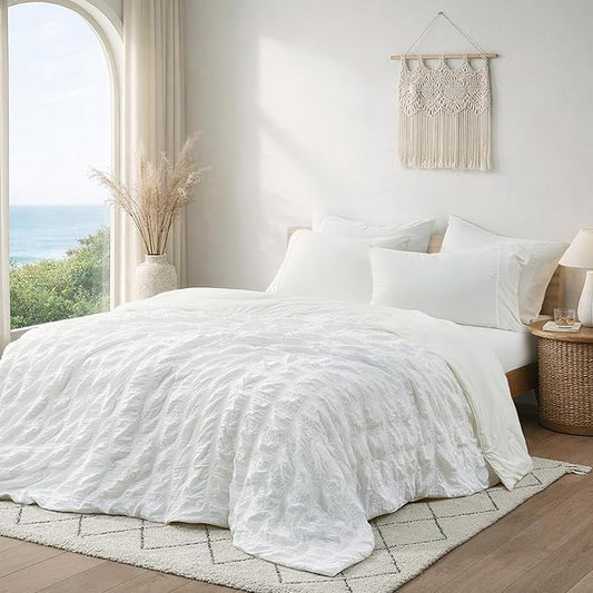 Cozy Bliss Cooling Comforter Seersucker Plaid Full Size, Q-Max 0.45 Lightweight Cooling Blanket, Breathable Silk Smooth Summer Bedding Quilt for Hot Sleepers Night Sweats White