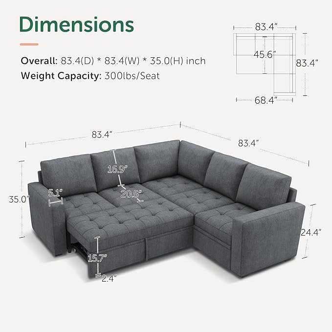 HONBAY Modular Sectional Sofa with Pull Out Bed Convertible L Shaped Couch with Storage Seat Sleeper Sectional Couches for Living Room,Warm Bluish Grey