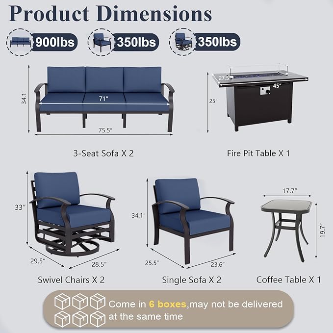 ALAULM Aluminum Patio Furniture Set with Propane Fire Pit Table - 10-seat Metal Outdoor Furniture w/Fire Pit Patio Sectional w/5.1" Cushions for Backyard, Poolside - Dark Blue