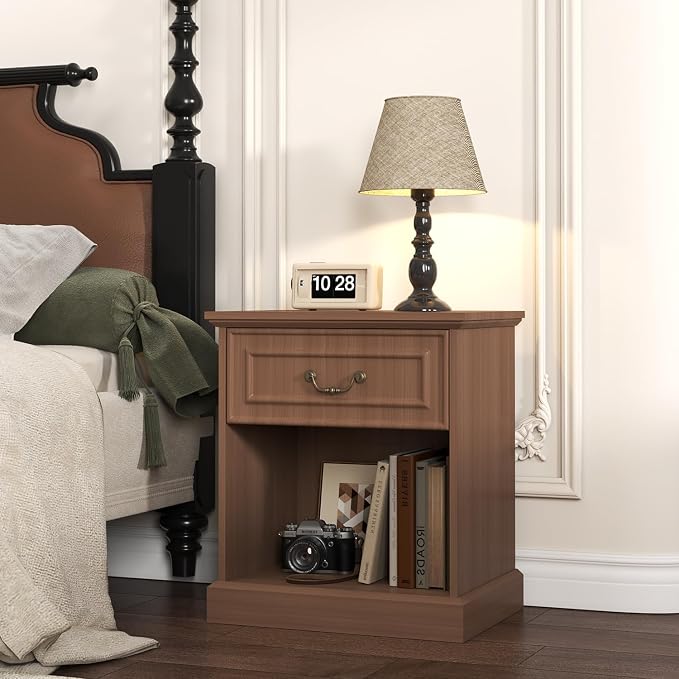 Nightstand Set of 2 with Drawer and Open Shelf, Wooden Bed Side Table for Bedroom, Modern End Table Side Table for Living Room, Small Night Stand Set 2 Furniture for Small Spaces (Walnut) - Image 8