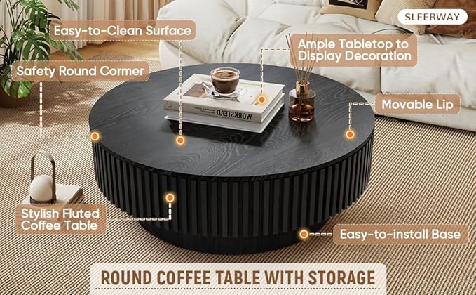 39.37'' Round Coffee Table with Storage, Modern Wooden Fluted Circle Coffee Table Unique Drum Center Table Wood Circular Tea Table for Living Room, Small Apartment, Office, Black