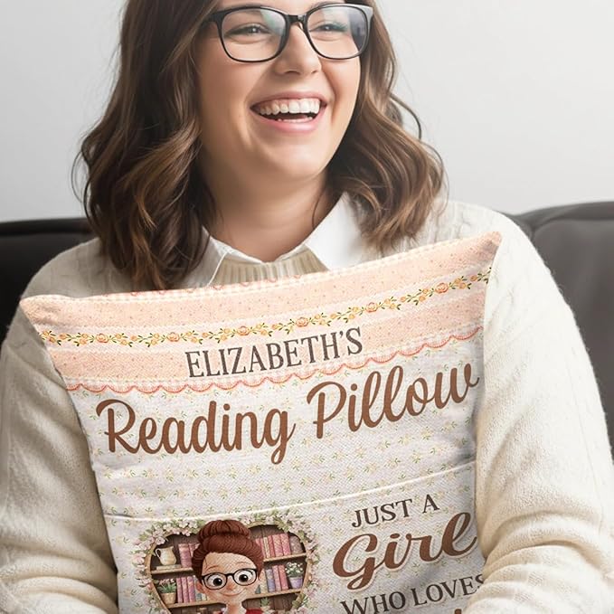 Personalized Reading Pillow, Bookish Gifts for Book Lovers, Bookworms, Readers, Booknerd, Just A Girl Who Loves Books, Reading Gifts for Women, Librarian Gift, Cushion Home Decor Pillow