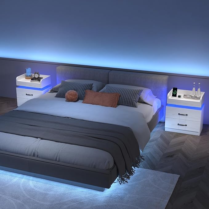 4ever2buy White Nightstand with Charging Station and LED Lights Modern Bedside Table with 2 Drawers End Table for Bedroom - Image 6