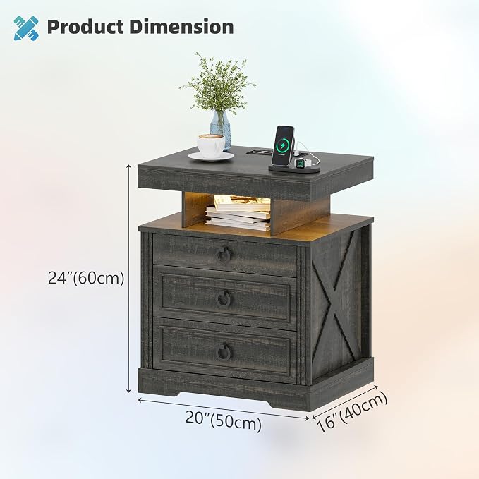 Nightstand Set 2 with Gun Drawer,LED Bedside Table with Charging Station,Night Stand with Human Sensor Design and 3 Open Shelves, Modern End Tables Bedroom, Brown - Image 3