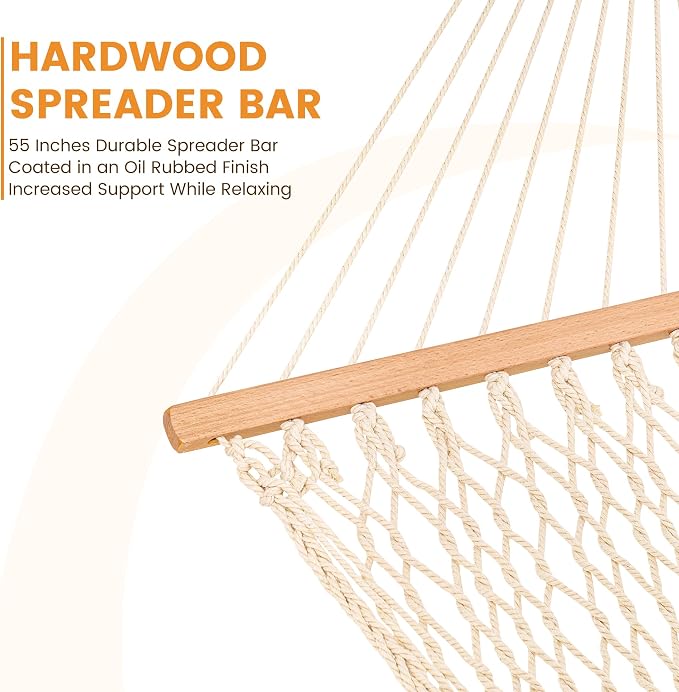 Lazy Daze Hammocks 12FT Double Rope Hammocks, 2 Person Hand Woven Cotton Hammock with Pillow and Spreader Bar for Outside, Patio, Poolside, FIT 13-15 Ft Stand, Max 450 Lbs, Natural, 141 x 57 inches - Image 4
