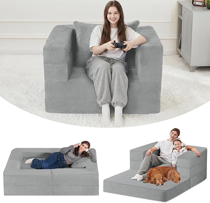 Futon Sofa Bed with Pillow, 3-in-1 Sleeper Sofa Bed with Removable Cover, Convertible Floor Sofa Bed, No Assembly Boneless Couch for Living Room, Bedroom