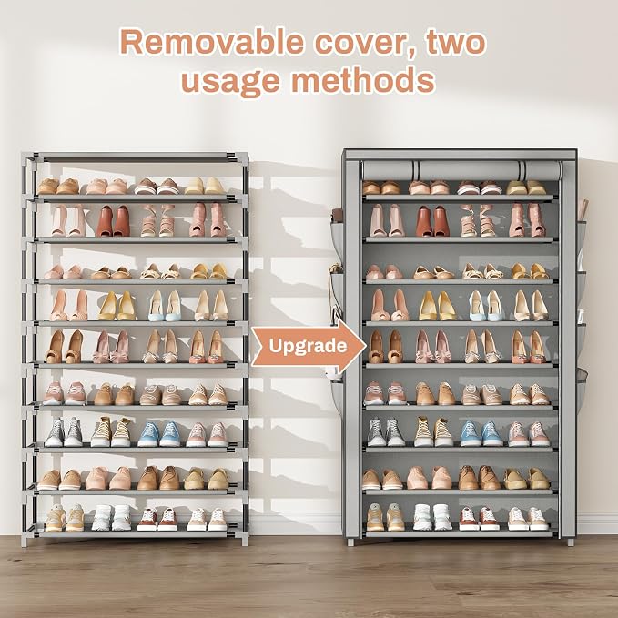 Shoe Rack with Cover, 10 Tier Shoe Organizer Storage for 40-50 Pairs Sneaker and Boots, Large Capacity, with 8 Pockets, Free Standing Tall Shoe Rack for Front Door Entrance, Closet, Grey - Image 5