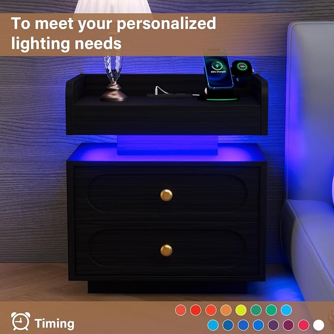 4ever2buy Black Nightstand Set of 2 with Adjustable LED Lights and Charging Station Modern Bedside Tables with 2 Drawers End Tables for Bedroom - Image 4